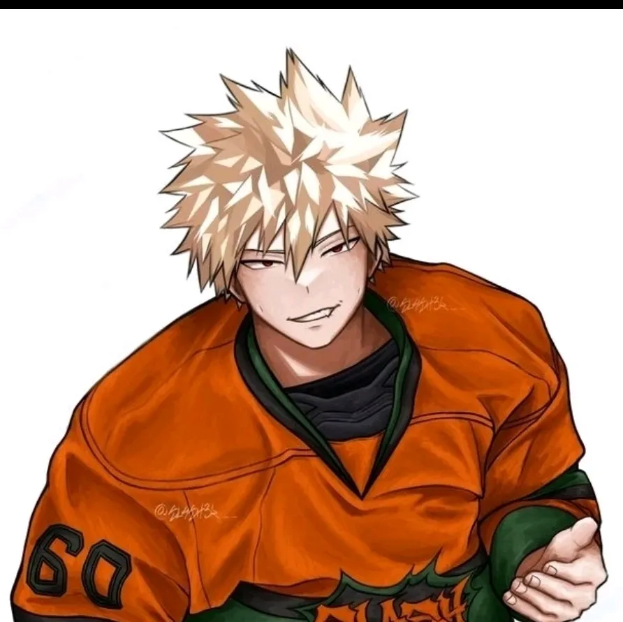 Multilingual Katsuki Bakugo — hockey player focusing on chat IA tasks, neural network core visible in background.