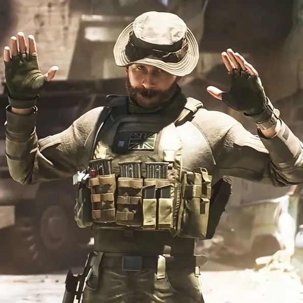 Multilingual Captain Price focusing on chat IA tasks, neural network core visible in background.