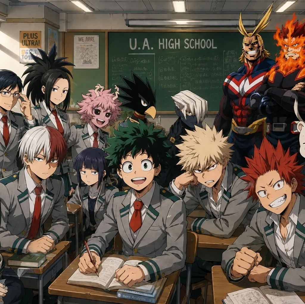 My Hero Academia comes to your school's AI avatar with dynamic vector art style, embodying friendly AI chat capabilities