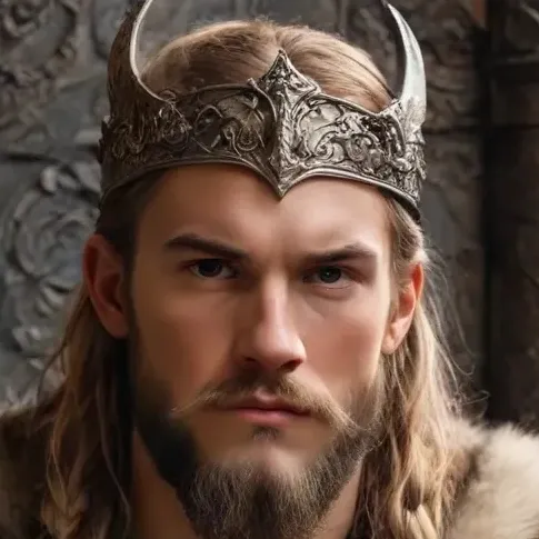 Portrait of a friendly AI chatbot assistant Viking King Gunnar with expressive eyes showcasing personality traits