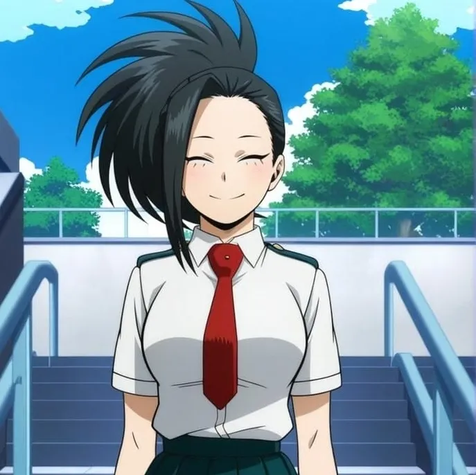 Portrait of a friendly AI chatbot assistant MHA - Unfaithful Momo with expressive eyes showcasing personality traits