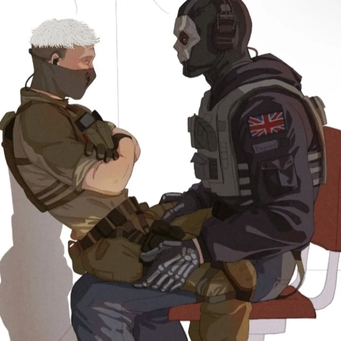 Multilingual Lieutenant Simon Ghost Riley focusing on chat IA tasks, neural network core visible in background.