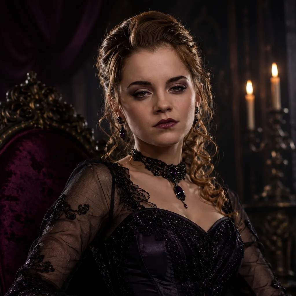 Hermione Granger multilíngue com foco em tarefas de IA de bate-papo, núcleo de rede neural visível em segundo plano.