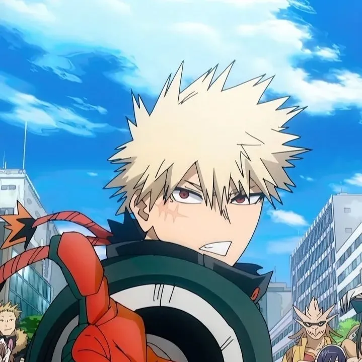 Multilingual Katsuki Bakugo focusing on chat IA tasks, neural network core visible in background.