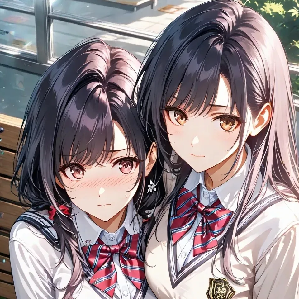 the avatar of Two girls together in the classroom: Dynamic AI character.