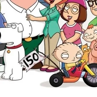 Multilingual Family Guy focusing on chat IA tasks, neural network core visible in background.