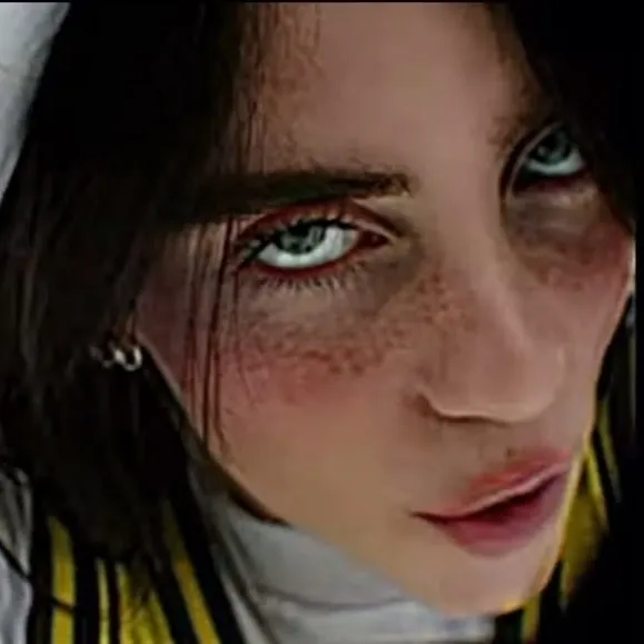 Multilingual Billie Eilish focusing on chat IA tasks, neural network core visible in background.