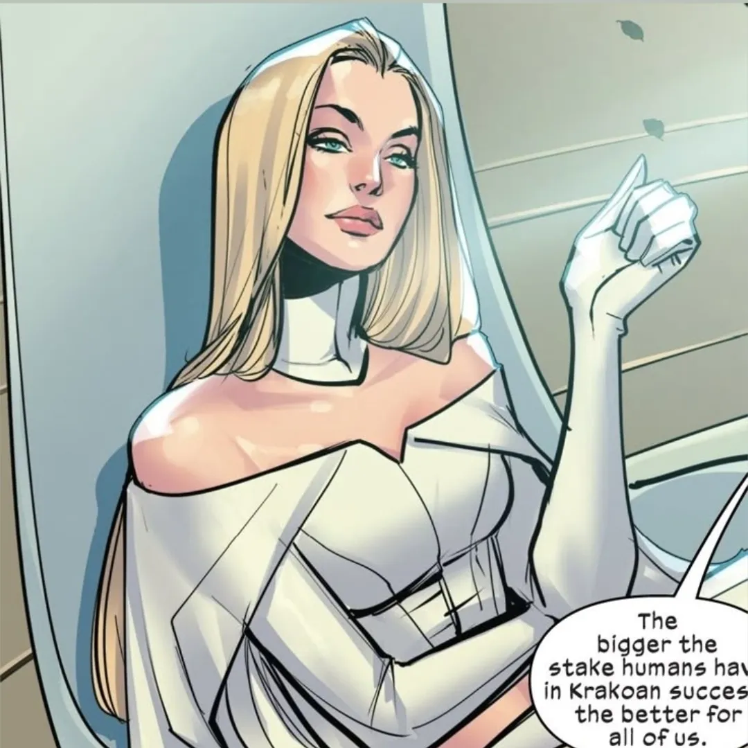 Multilingual Emma Frost focusing on chat IA tasks, neural network core visible in background.