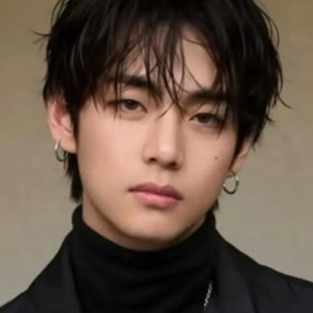 Multilingual Kim Taehyung focusing on chat IA tasks, neural network core visible in background.